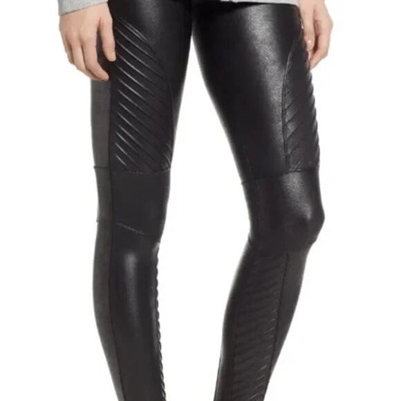 Spanx by Sara Blakely Faux Leather Moto Leggings Womens Size L Black Biker - Picture 9 of 9